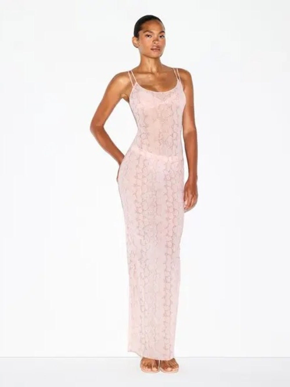 SKIMS MILKY SHEER LONG SKIRT ROSE PASTEL SNAKE PRINT M